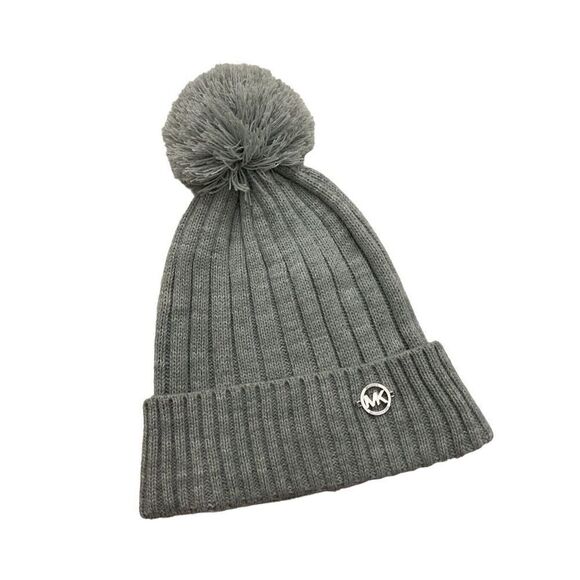 Michael Kors Women's Light Gray Knit Beanie W/Pom Silver‎ Metal Logo - Picture 1 of 5